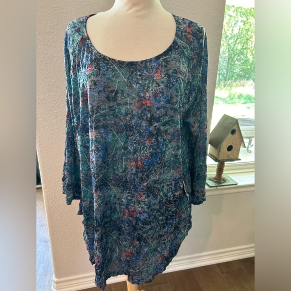 Cubism crinkled abstract leaf print 3/4 quarter length sleeve top 3X